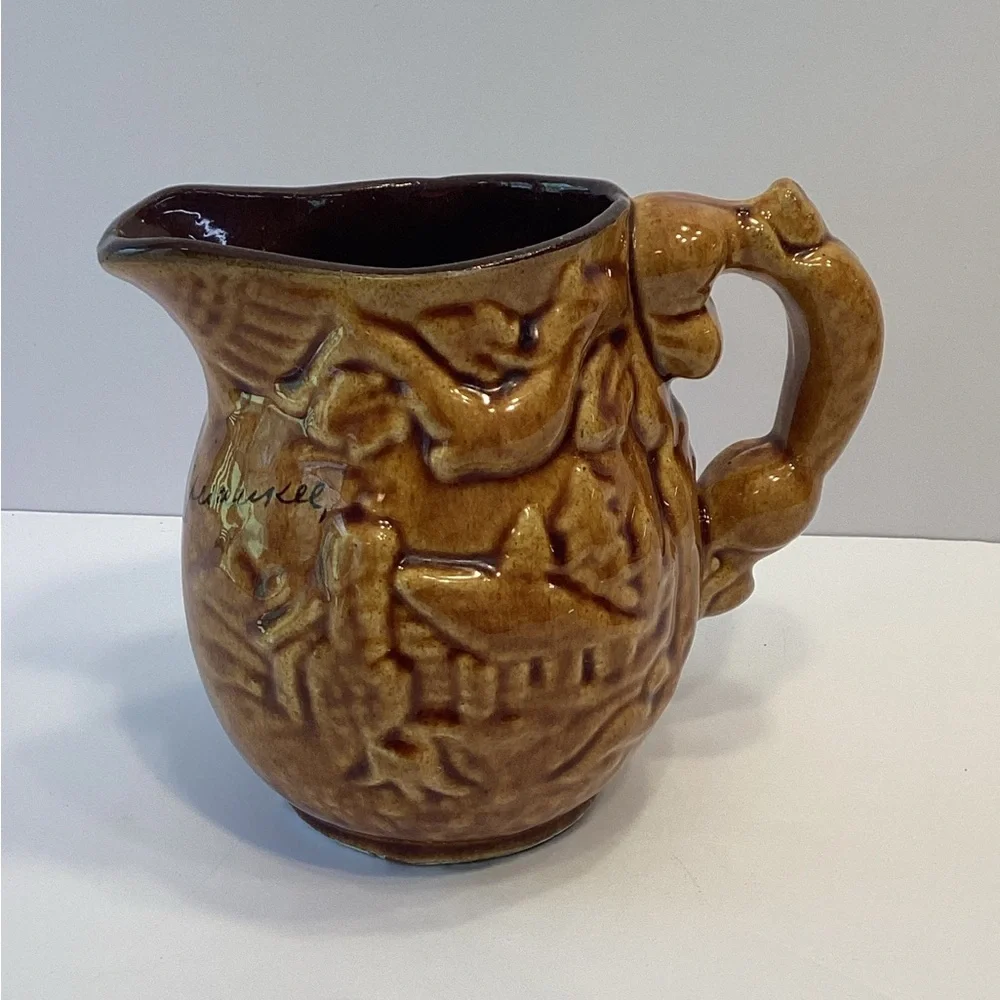 Vintage Canada Brown Glaze Stoneware Pottery Pitcher Syrup Jug Souvenir Lake NH - Picture 1 of 6